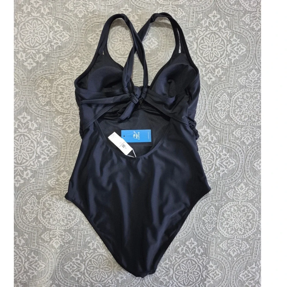 Cupshe Black Ruched One Piece Swimsuit V-Neck Tie Back Size L DAA12E3F005AA - Picture 7 of 10